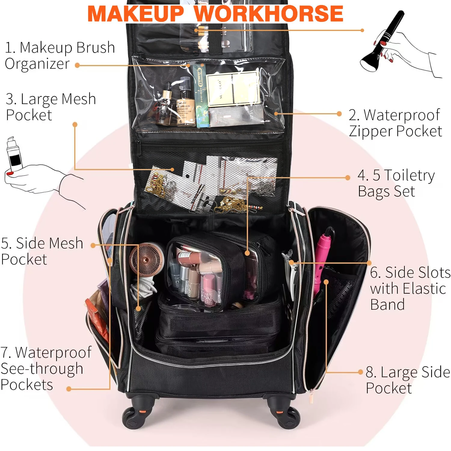 Makeup Travel Case Rolling Cosmetology Train Organizer Detachable Wheels Brush Bag Liftable Trays Nail Hair Tools Storage