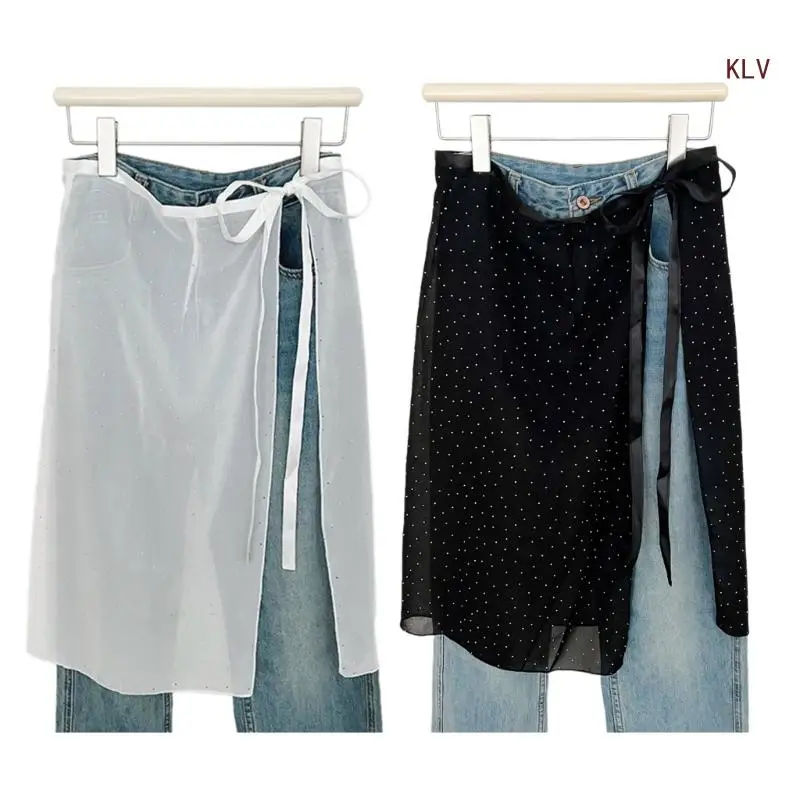 

Vintage Small Dots Pattern Long Skirt Hip Scarf Women Tie Up Aesthetic Semi See Through Gauze Apron Covering Overskirt