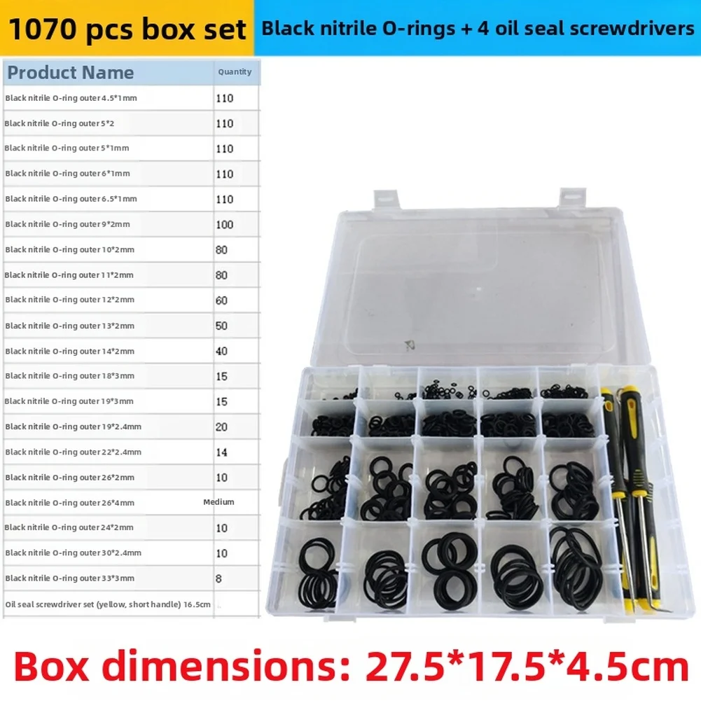 

1070pcs Car Dark Nitrile Rubber O Ring Kit With 4 Seal Puller Tools Multiple Size For Plumbing Accessories