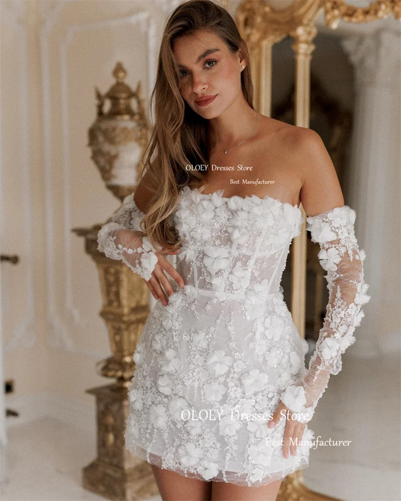 OLOEY Sparkly Full Lace 3D Flowers Mini Short Wedding Dresses Gloves Strapless Corset Back Garden Bride Dress Prom Dress 2024