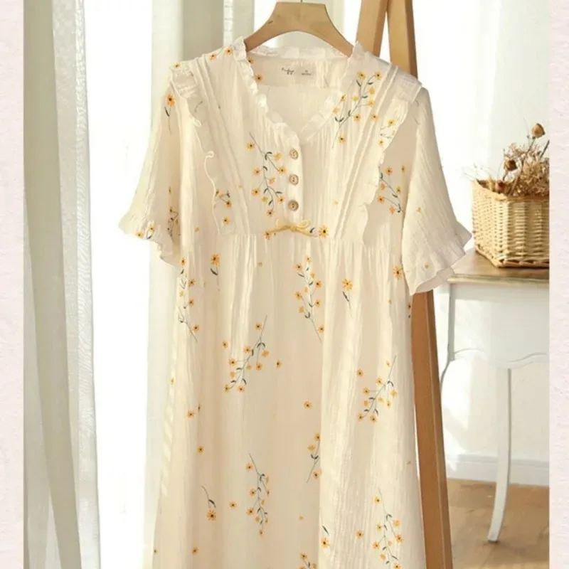 Pajamas Women Spring Summer New Homewear Cotton Short Sleeve Loose Nightdress V-Neck Sleepshirts Plus Size Falbala Loungewear