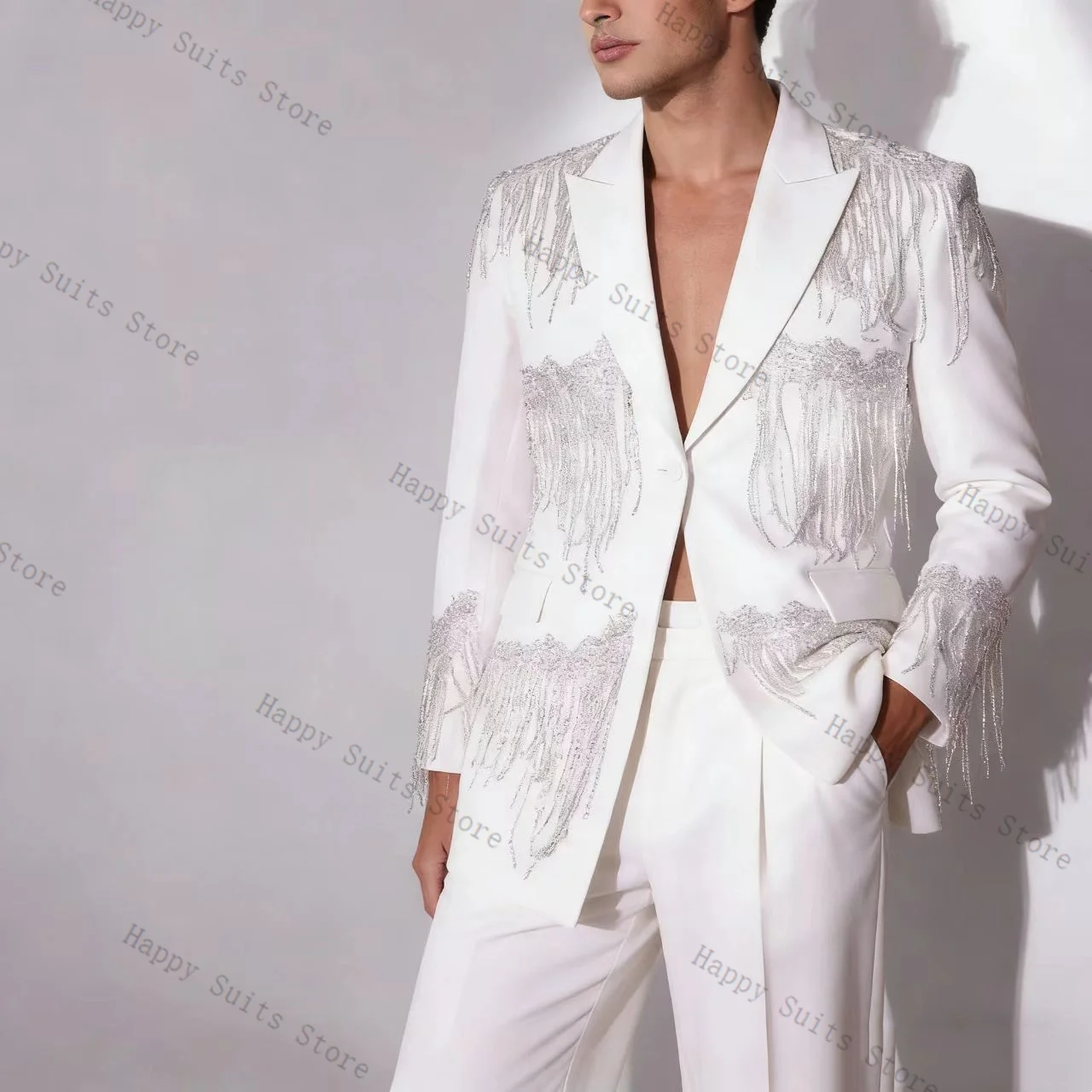 

Crystals Beading Men Suit Set 2 Pcs White Blazer+Pants Trouser Luxury Formal Office Coat Wedding Tuxedo Customized Jacket Outfit