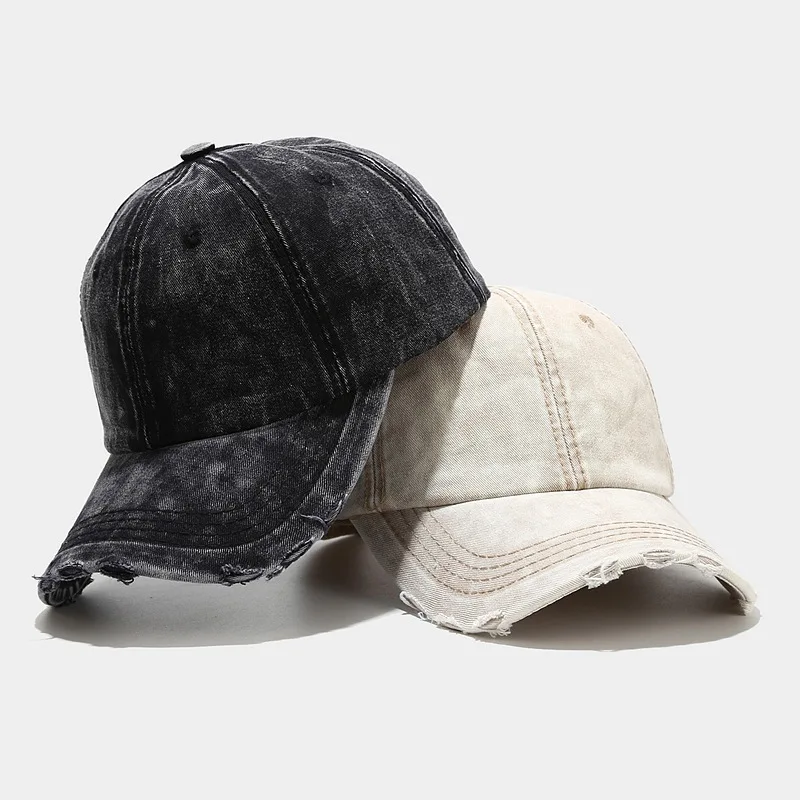Washed Distressed Denim Baseball Cap,Soft Curved Brim Hat with Ripped Holes &Raw Edge,Vintage Summer Sun Protection,Street Style