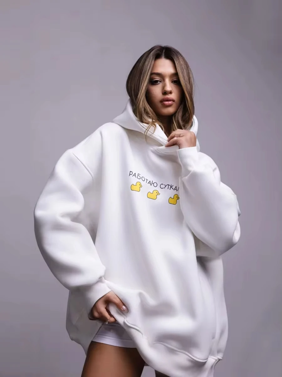 Autumn Winter Womwn Oversized Hoodie Warm Sweatshirt Three Duck Print Loose Casual Sport Fashion Hooded Unisex Hooded Streetwear