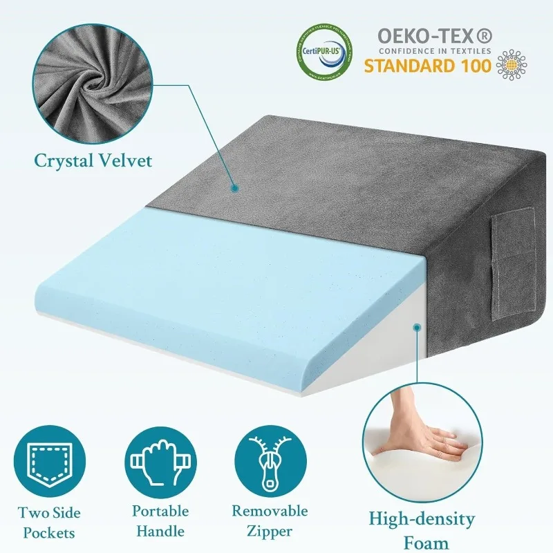 Contoured Orthopedic Body Pillow with Soft Polyurethane Foam Top - Triangular Wedge Pillow for Leg Elevation, Acid Reflux & Snor
