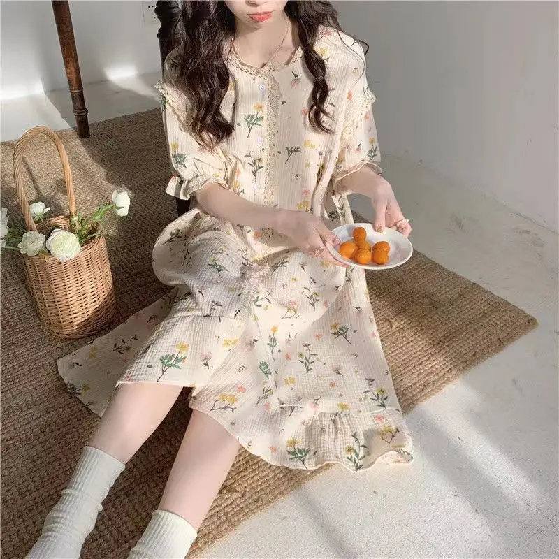 Floral Nightgown Ruffles Sleepwear Women Korean Lace Summer One Piece Pajamas Dress Short Sleeve Night Button Sleeping Home Wear