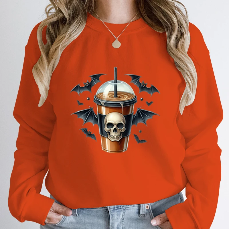 

Halloween Skull Coffee Bat Print Sweatshirt Autumn Winter Women Round Neck Casual Long Sleeve Hoodless Pullovers Pure Color Tops