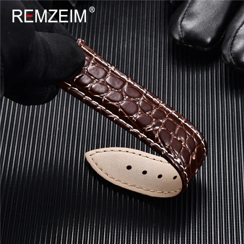 REMZEIM 18mm 20mm 22mm 24mm Calfskin Genuine Leather Watch Band with Solid Automatic Butterfly Buckle Business Watchband