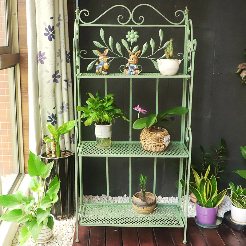 Multi-layer  stand wrought iron retro green balcony succulent  stand shelf green Luo