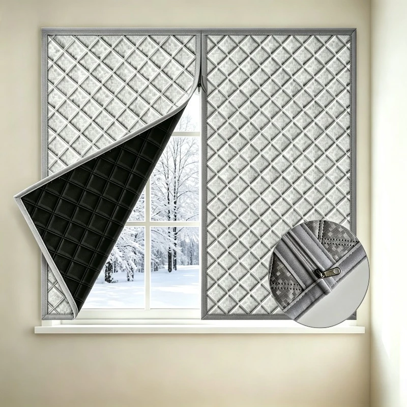 Zipper Thermal Insulated Window Curtain, Winter Cold Proof Blackout Soundproof Curtain, Custom Size Window Thermal Blind For