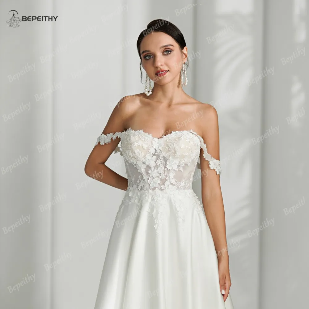 BEPEITHY Customized A line Sweetheart Lace Civil Wedding Dresses Sweep Train Ivory Bride Bridal Gown Vestidos De Novia For Women