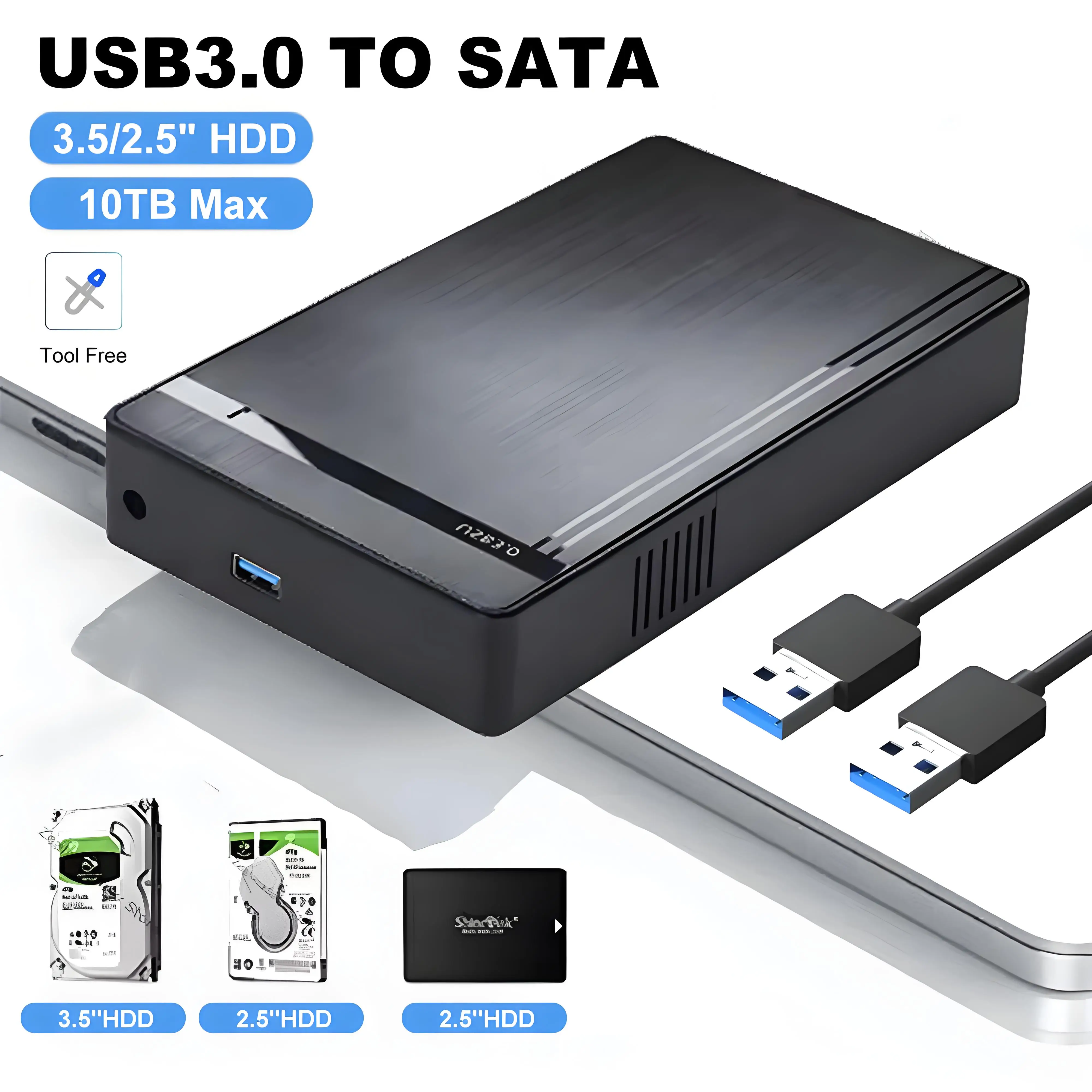 Caja HDD de 2,5/3,5 pulgadas, carcasa de disco duro USB 3,0 SATA a USB 3,0, lector de disco duro externo, adaptador de 10TB para PC y portátil