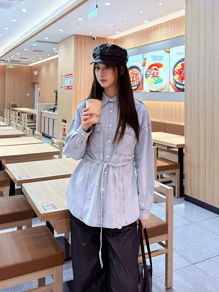

Spring 2025 Korean Sle Loose Women's Denim irt Long Sve Belted Slimming Casual Cotton Top Faionable Commute Wind