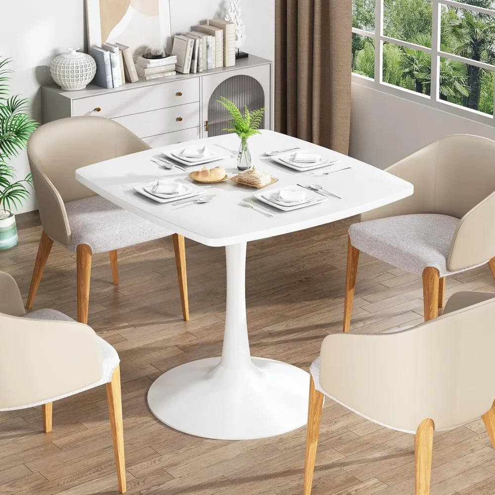 Square Dining Table, 31.5" White Tulip Pedestal With MDF Tabletop & Metal Legs, 2 Piece Design for 2-4 People, Small Spaces