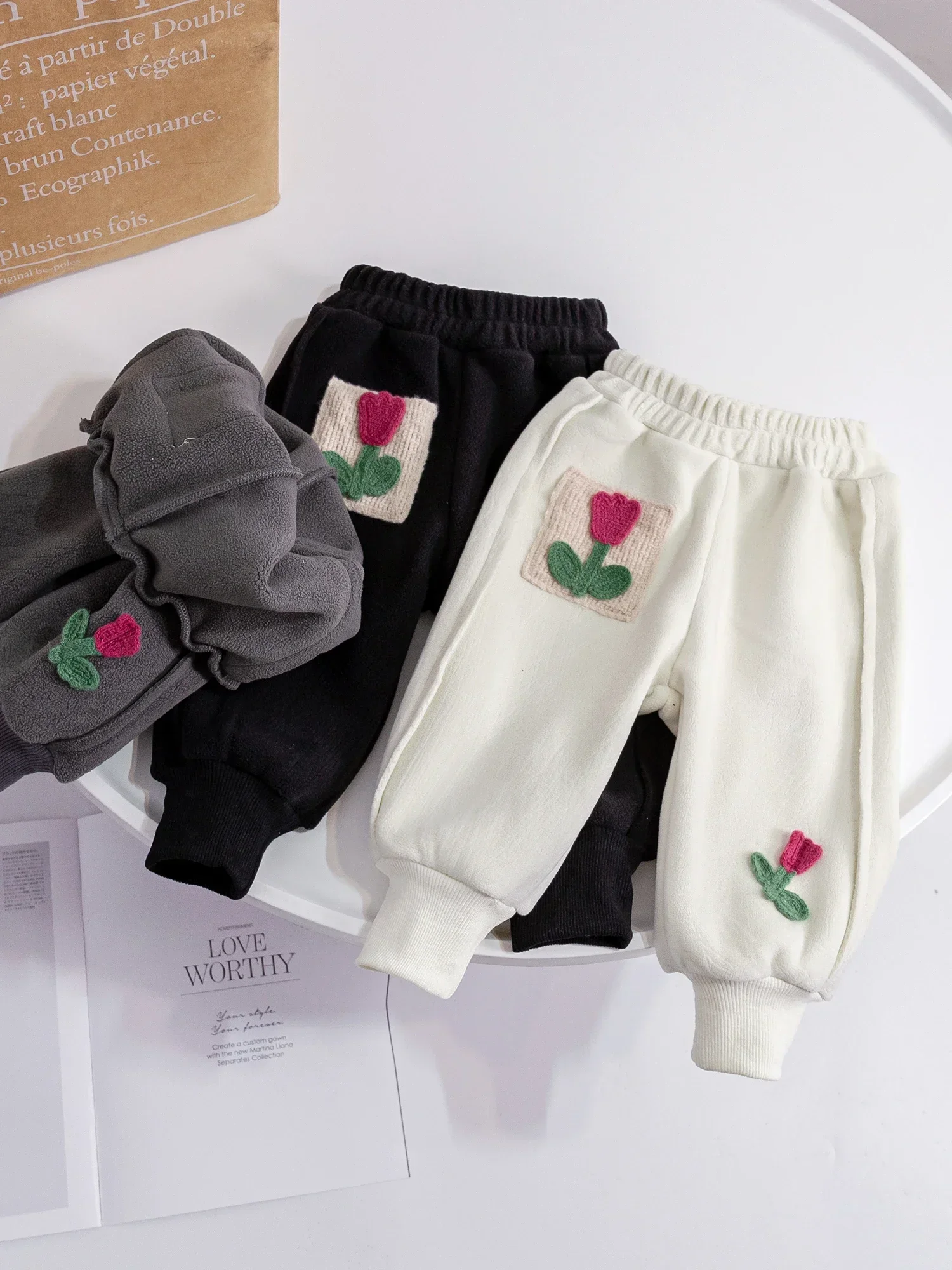 Kids Pants Girls Velvet Trousers Autumn 2023 Winter Velvet Baby Double Sided Warm Pants Baby Tulip Flower Versatile