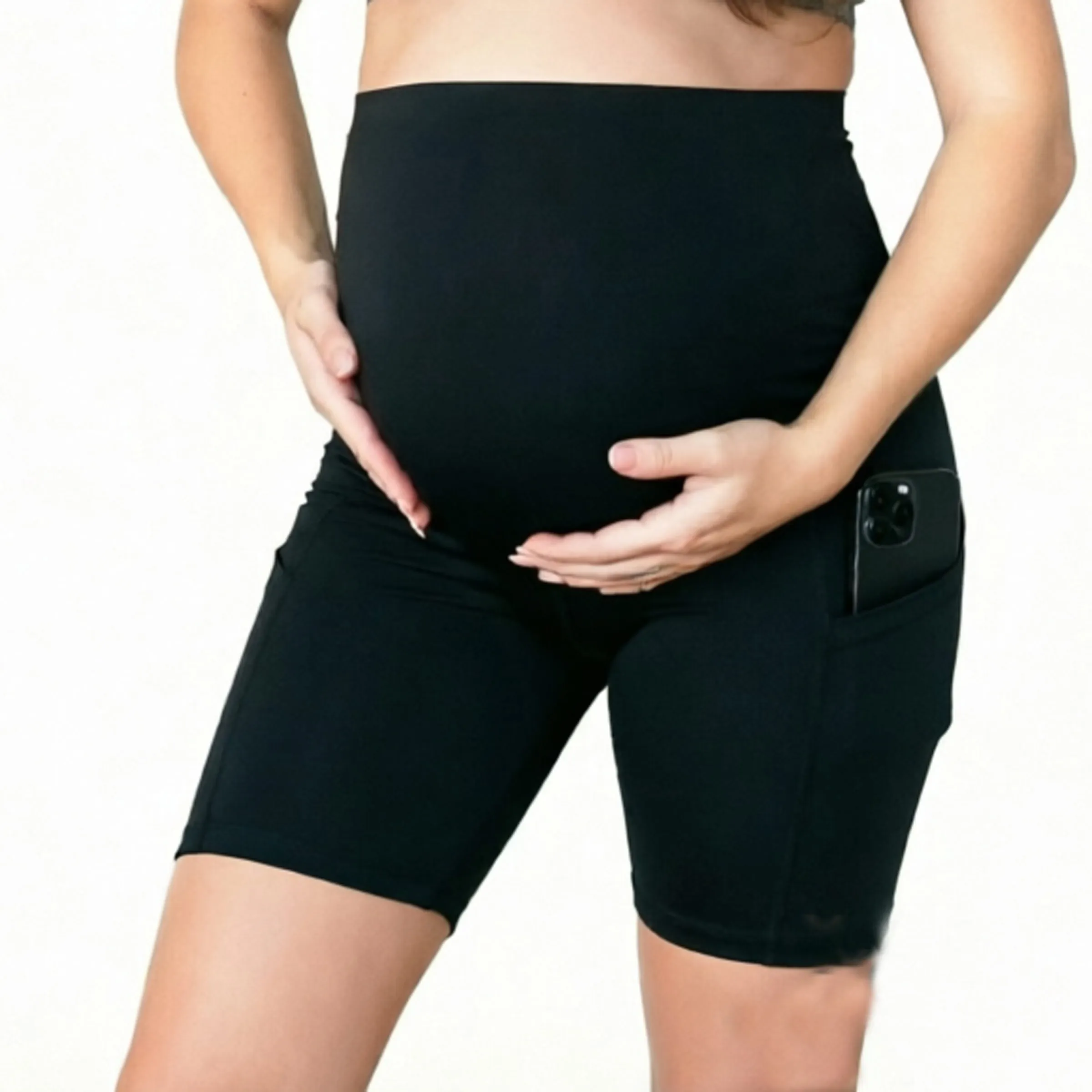 Over‑Belly Maternity Biker Shorts with Side Pockets 92%Polyester 8%Spandex Soft Stretch Yoga Pregnancy Shorts for Pregnant Women
