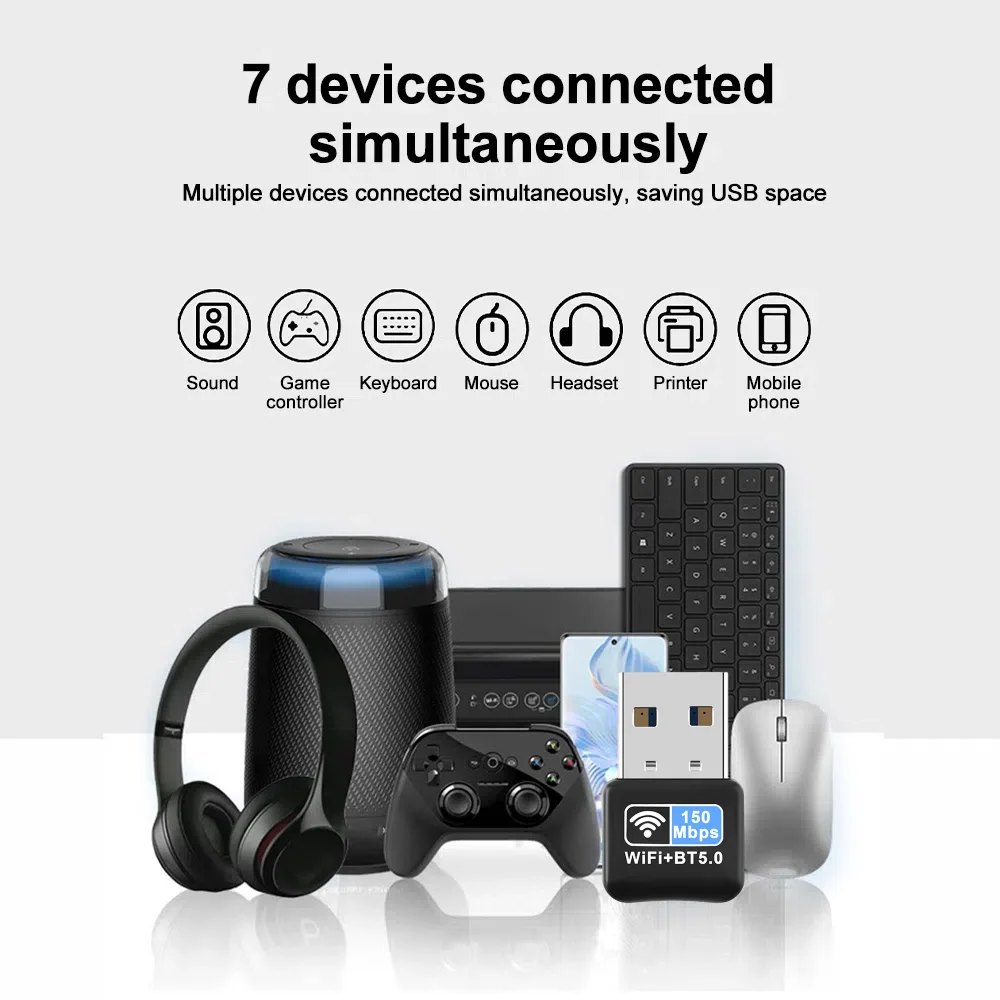 Adaptador USB WiFi Bluetooth 5,0 de 150Mbps, Dongle 2 en 1, tarjeta de red WiFi USB de 2,4 GHz, receptor Wlan inalámbrico, controlador gratuito para Win10/11