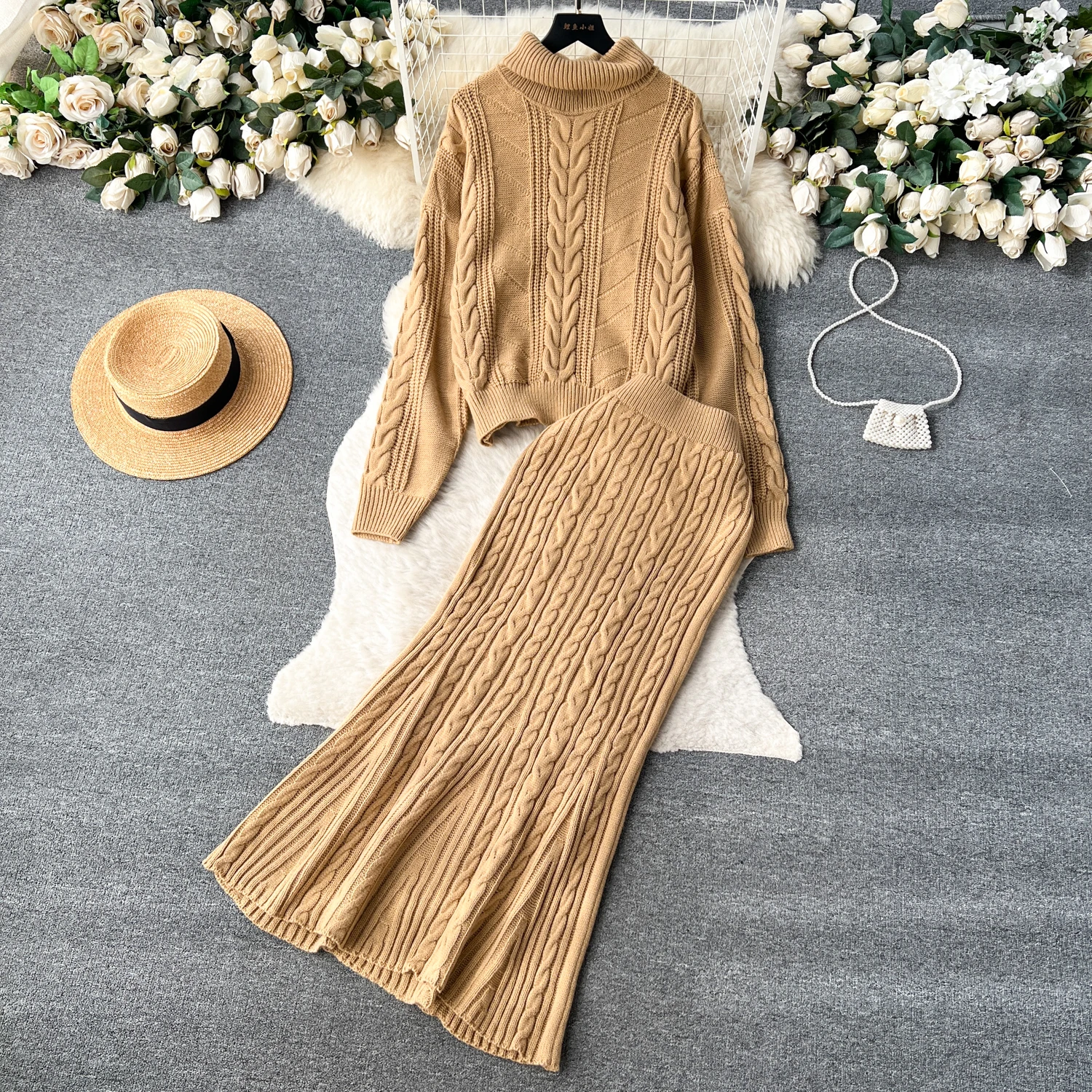 ALPHALMODA 2024 Winter New Turtle Neck Long-sleeved Twisted Sweater + High Waist Mermaid Knit Skirt Women Vintage 2pcs Suit