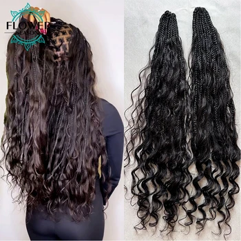 Körperwellen-Häkel-Boho-Zöpfe aus Echthaar, vorgeschlungene Boho-Box-Zöpfe, gehäkeltes Echthaar mit gewellten Enden für schwarze Frauen