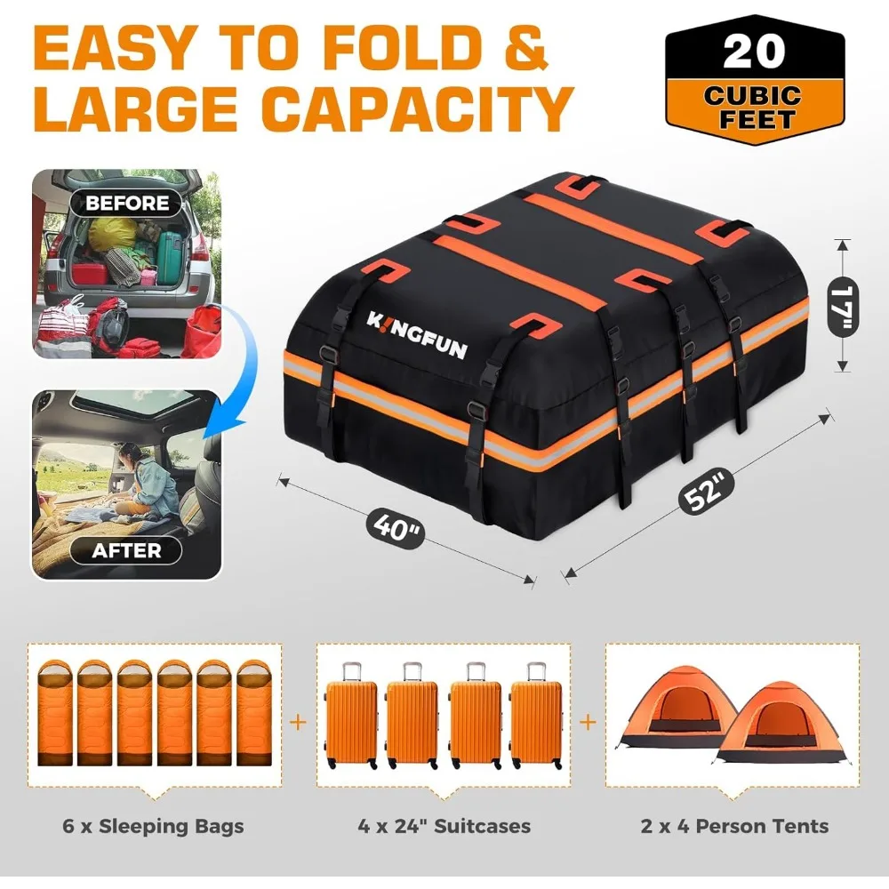 Waterdichte autodakzak van 20 kubieke voet met antislipmat, 8 riemen en 6 haken voor alle voertuigen