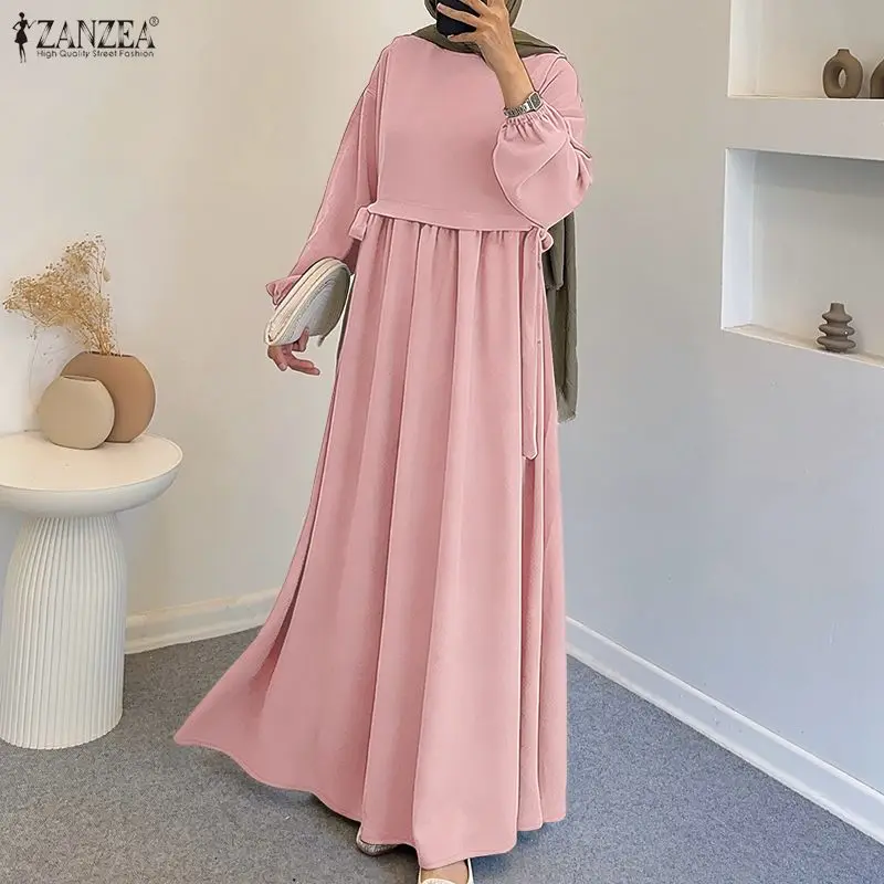 

ZANZEA Мусульманское платье-кафтан с длинными рукавами-фонариками, на шнуровке, однотонное, плиссированное, макси-платье, исламская женская абайя-роба
