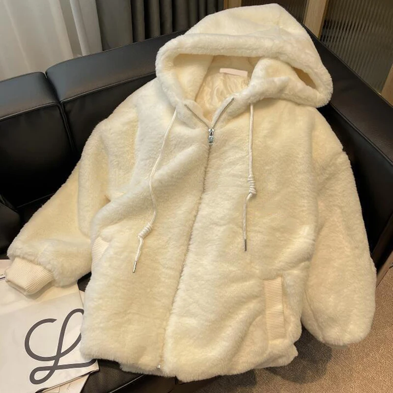 Winter Lamb Wool Hooded Coat Women Ropa Mujer Cute White Zipper Jacket Y2K Fashion Thick Warm All-Match Plush Outerwear New