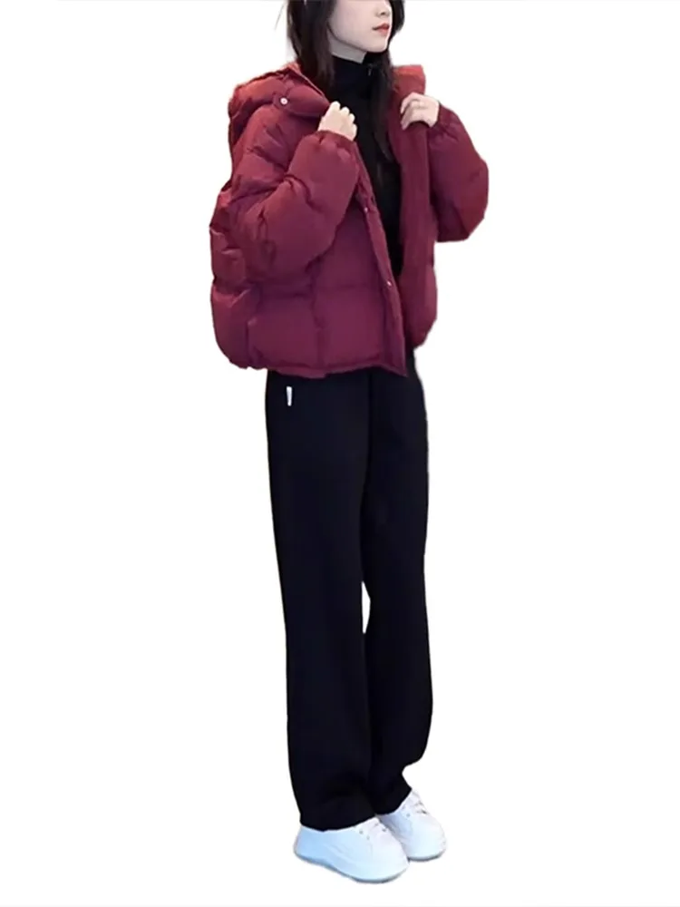 เสื้อโค้ทผู้หญิงทรงหลวม ผ้าฝ้ายผสมขนเป็ด สีแดงไวน์ สไตล์เกาหลี รุ่น Thiened แขนยาว ซิปปิด