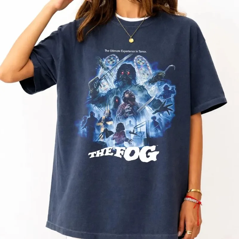 Spooky Blue Ghost Figure Poster Graphic T Shirt Gothic Horror Style Oversized Short Sleeve Unisex Tops