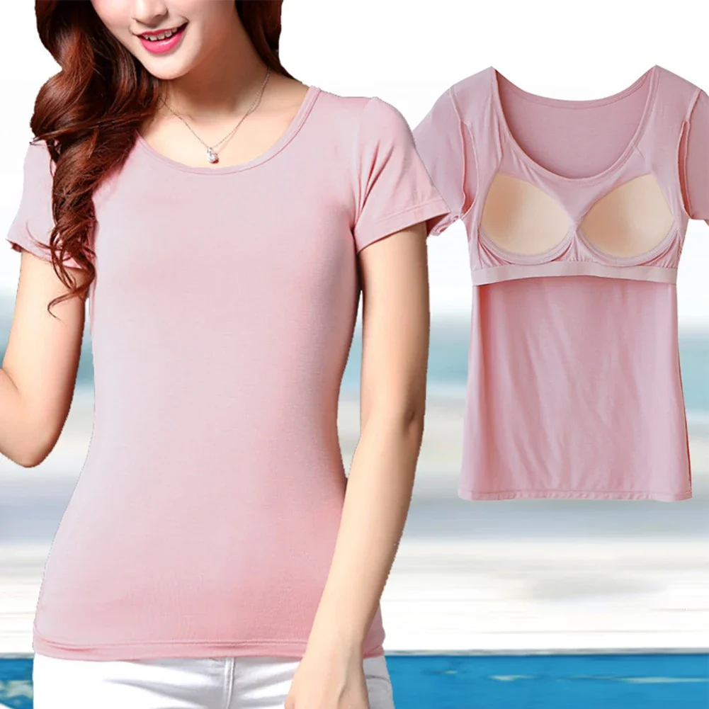 Women Autumn Short Sleeve Tops With Built In Bra Push Up Padded Layer Solid Slim Fitting Tees Ladies Round Neck Elastic T-Shirt