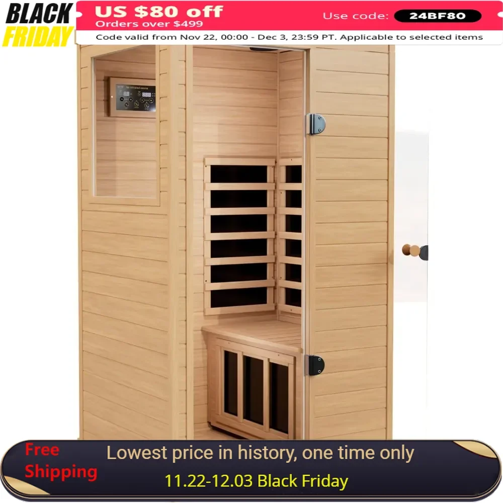 

1 Person Far Infrared Sauna for Home, with 1050W Indoor Saunas, Low EMF Heaters, 2 Bluetooth Speakers, Hemlock Wood Sauna Room