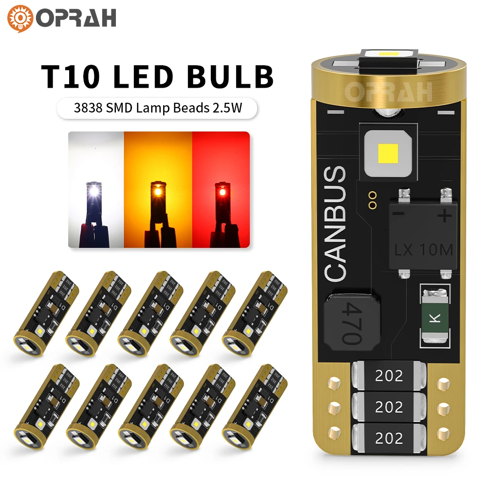 10pcs T10 W5W 194 501 Led Canbus No Error Car Interior Light 3 SMD 3838 Chip White Instrument Lights Bulb Lamp White 6000K 12V