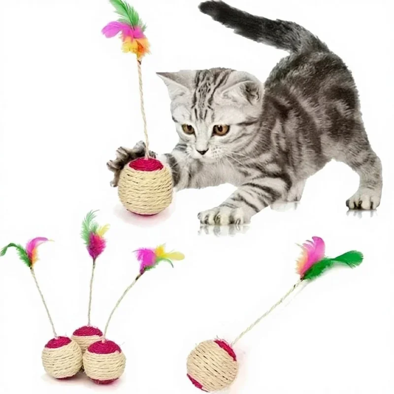1 Stück Bunter Feder-Deckenball Interaktives Katzenspielzeug mit Sisal - Spaßiger Krallen-Spielball für Katzen