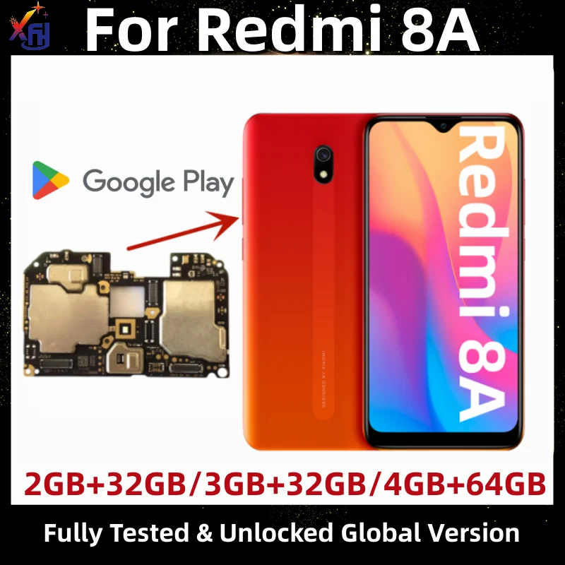 Mainboard for Xiaomi Redmi 8A, Original Main Circuits Board, 32GB, 64GB, with Google Playstore Installed