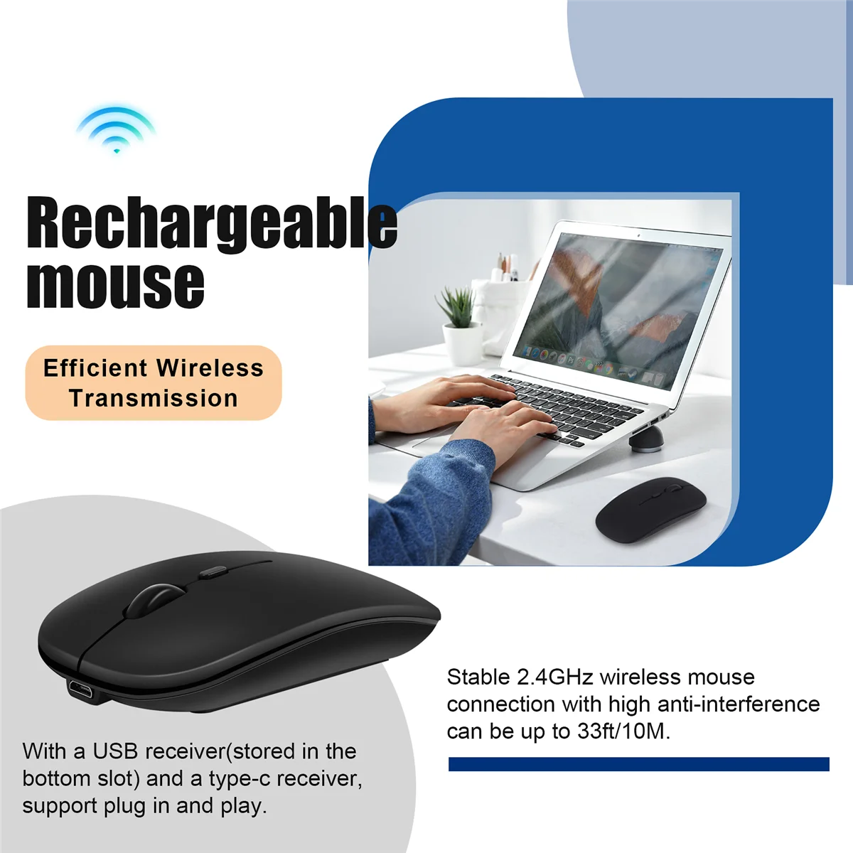 Mouse nirkabel dapat diisi ulang, Mouse optik Ultra senyap 2.4G dengan USB dan penerima tipe-c, untuk Laptop,MacBook