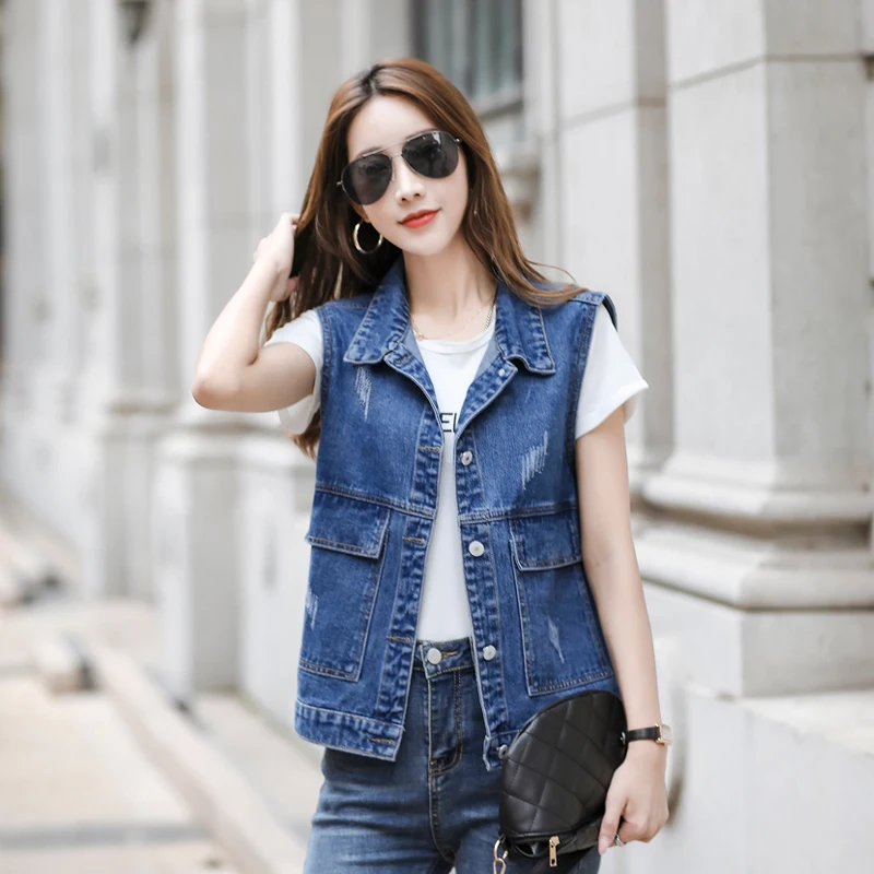 

Women Denim Vest Turn Down Collar Sleeveless Short Slim Jean Waistcoat Spring Autumn Korean Casual Jacket