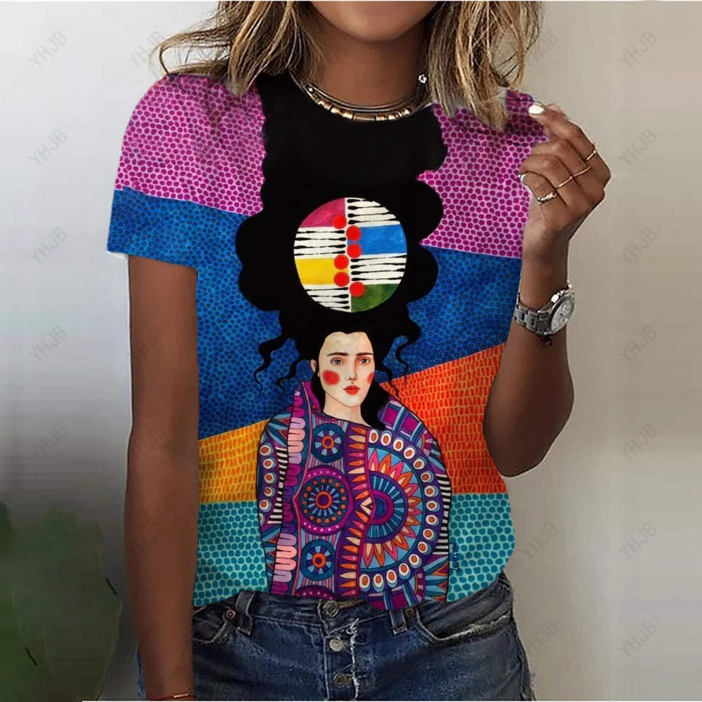Women's Abstract T-Shirt Summer New Portrait Crew Neck Basic Shirt colorful 3D Printing Women's Fashion T-Shirt Y2k Tops