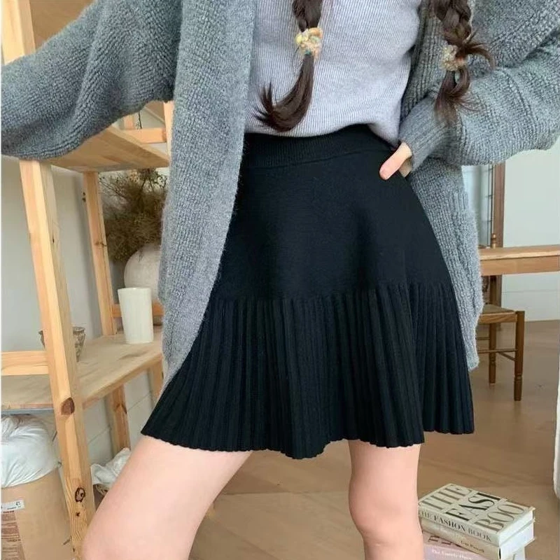 2026 Spring Autumn  New High-waisted A-line Skirt Women Knitted Pleated Shirts Lady Solid Color Preppy Style Mini Skirts