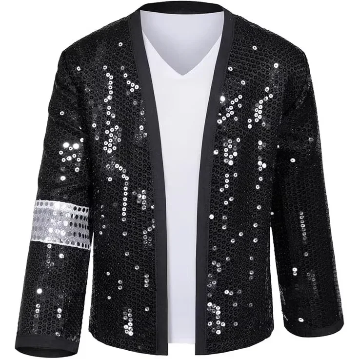 Retro-Pop-Bühnenkostüm für Jungen, Schwarzes Pailletten-Cosplay-Set, Jacke und Hose, Kinder-Outfit für Halloween, Geburtstag, Karneval, Rollenspiel, Verkleidung – Detail 3