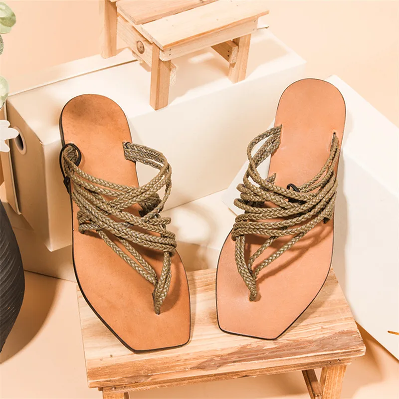 

Braided Women Slippers Bohemia Flat Shoes Ladies Summer Beach Flip Flops Square Toe Straps Outside Slides Gladiator Sandals