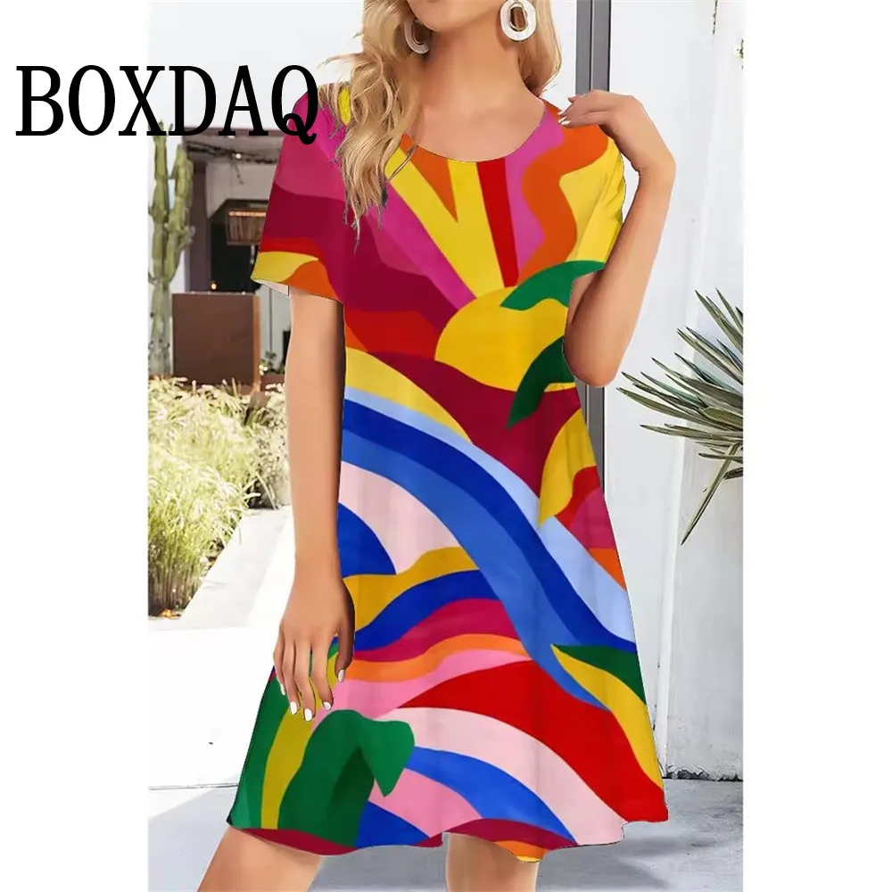 Summer Casual Short Sleeve Women's Dresses Fashion Colorful Painting Print Dresses Women's Round Neck Loose A-Line Short Dresses