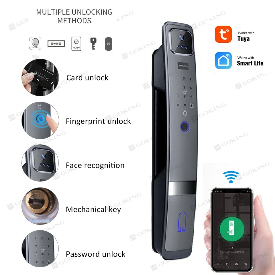 Goking cerradura inteligente con tuya wifi face id smart lock front door with camera recording fingerprint biometric door lock