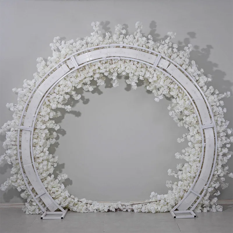 2.4M White Semi Circular Cherry Blossom Arch Floral Arrangement Artificial Flower Rows for Wedding Stage Backdrop