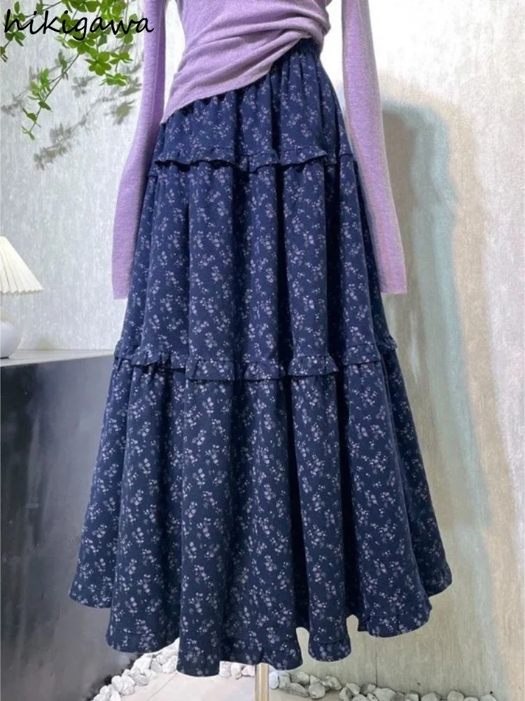 2025 Faldas Mujer De Moda Floral Skirt for Women's High Waist A-line Jupe Elastic Waist Loose Long Skirts Vintage Korean Saia