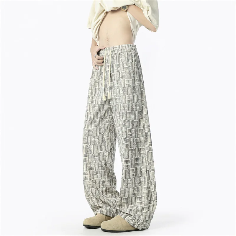 

Летние брюки из ледяного шелка с принтом тай-дай, брюки в пол в американском стиле ретро, мужские узкие и прямые повседневные свободные широкие брюки с высоким циферблатом