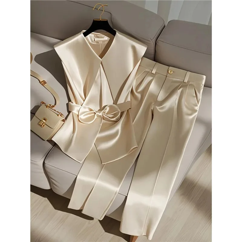 Bow Champagne Colored Suit Women Spring Summer Fashionable Fragrant Style Sleeveless Tie Top Pants Professional Suit Women New