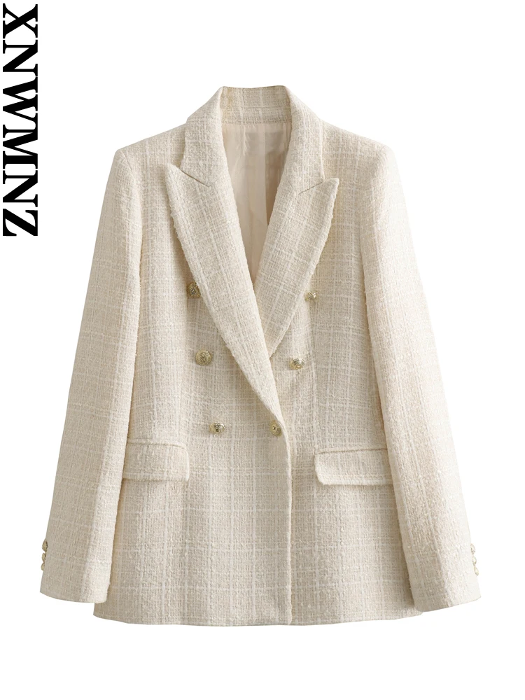 

XNWMNZ Women's Fashion 2023 Autumn/Winter Textured Double Blazer Women Retro Lapel Neck Long Sleeve Versatile Female Suit Coat