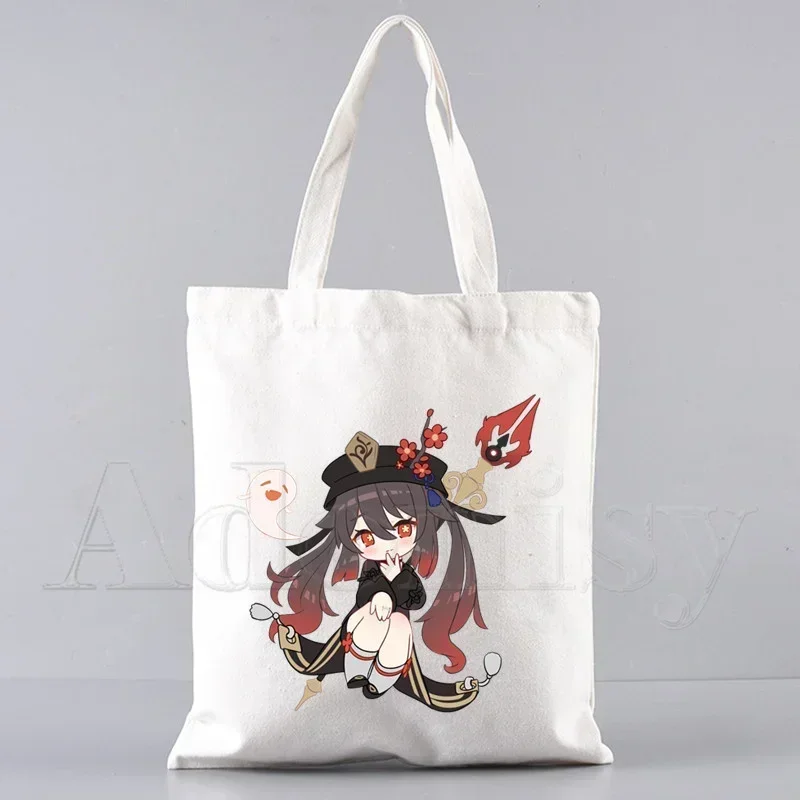 Genshin Impact Hu Tao Canvas Tote Bags for Ladies Handbags Kawaii Cute Bolsa Portable Shopping Shoulder Bag