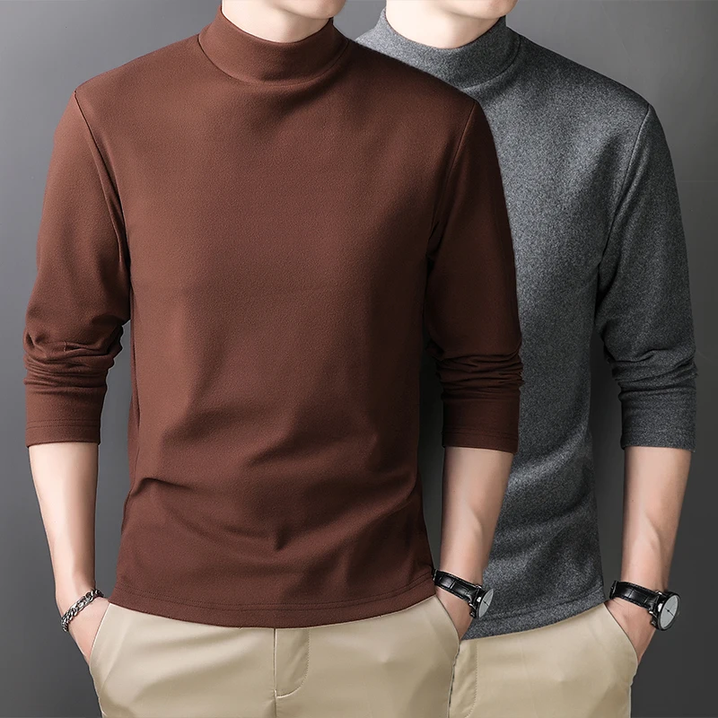 Autumn and Winter Solid Color Velvet Long Sleeve T-shirt, Men's Semi-turtleneck Base Shirt Large Size Men's Hoodie Thermal Under