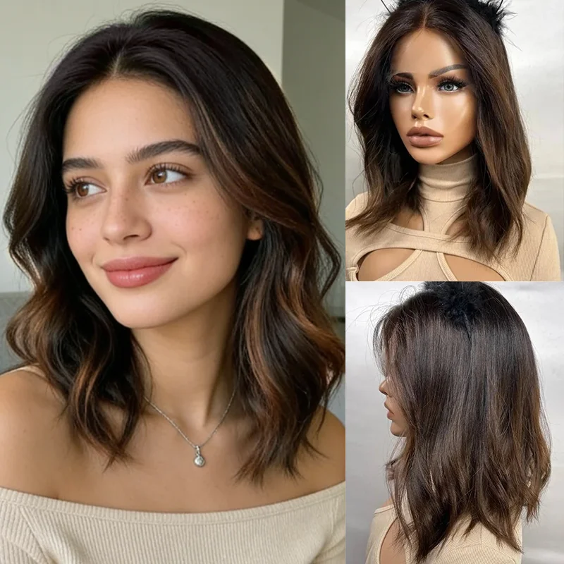 Natural Brown Synthetic Wigs WAvy Short Bob Wig Lowlights Wig for Women Daily Cosplay Wigs Glueless Futura HD Transparent Lace