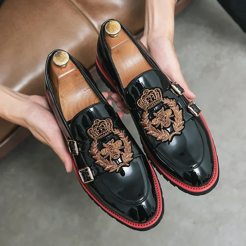 

Loafers Men Shoes PU Black Round Toe Low Heel Fashion Daily Business Casual Party Embroidered Double Buckle Dress Shoes CP304